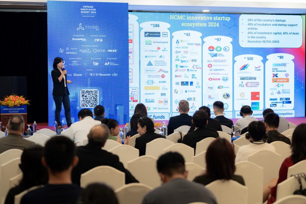 Ms. Truc Phan standing on stage, presenting key insights on Resolution 98 and its impact on Vietnam’s innovation ecosystem.